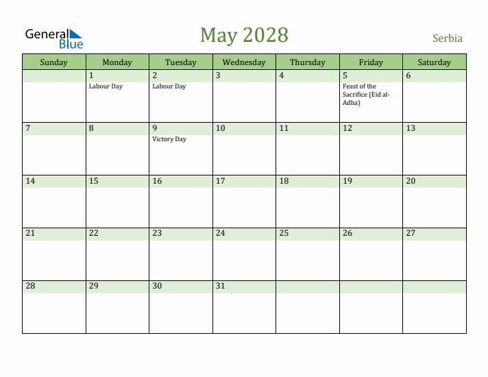 May 2028 Calendar with Serbia Holidays
