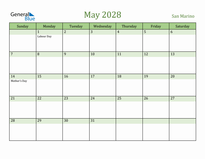 May 2028 Calendar with San Marino Holidays