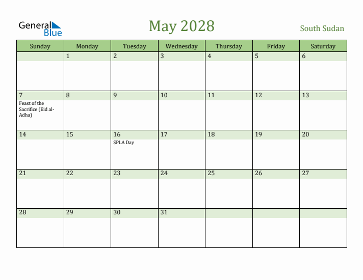 May 2028 Calendar with South Sudan Holidays