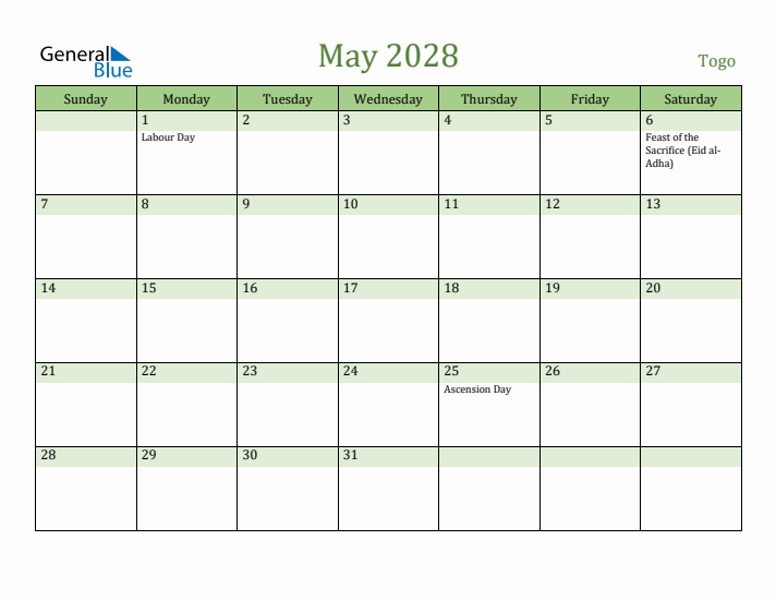 May 2028 Calendar with Togo Holidays