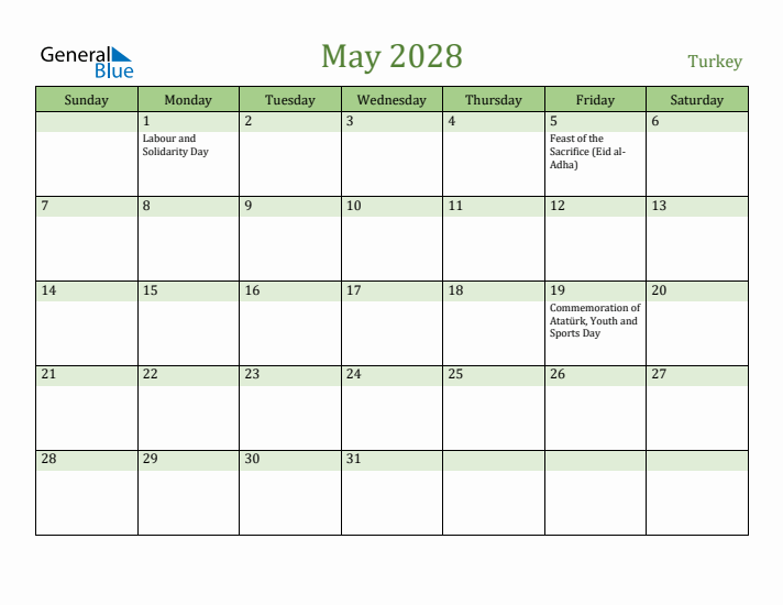 May 2028 Calendar with Turkey Holidays