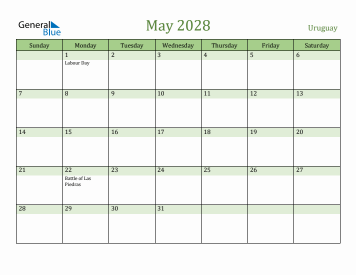 May 2028 Calendar with Uruguay Holidays