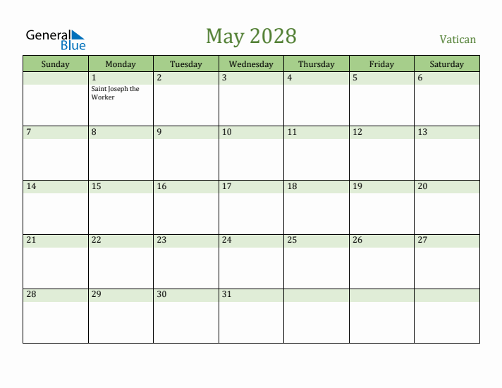 May 2028 Calendar with Vatican Holidays