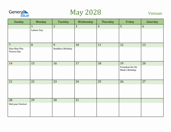 May 2028 Calendar with Vietnam Holidays