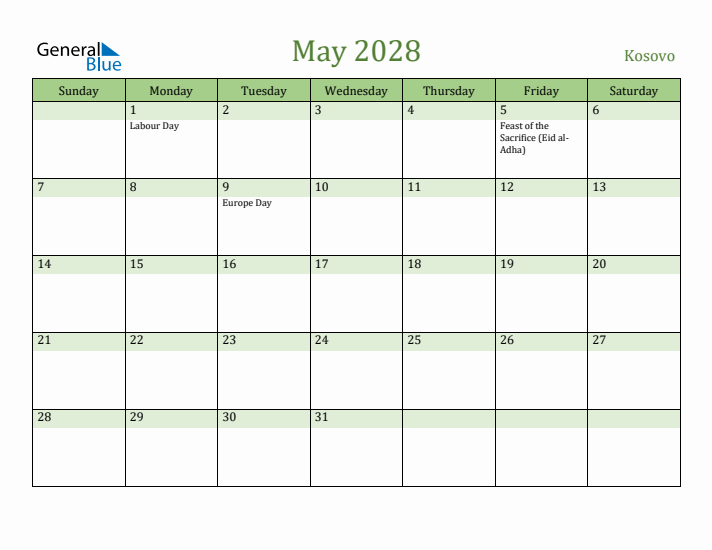 May 2028 Calendar with Kosovo Holidays