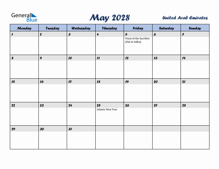 May 2028 Calendar with Holidays in United Arab Emirates