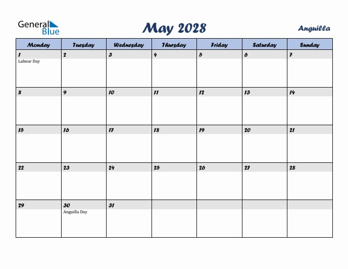 May 2028 Calendar with Holidays in Anguilla