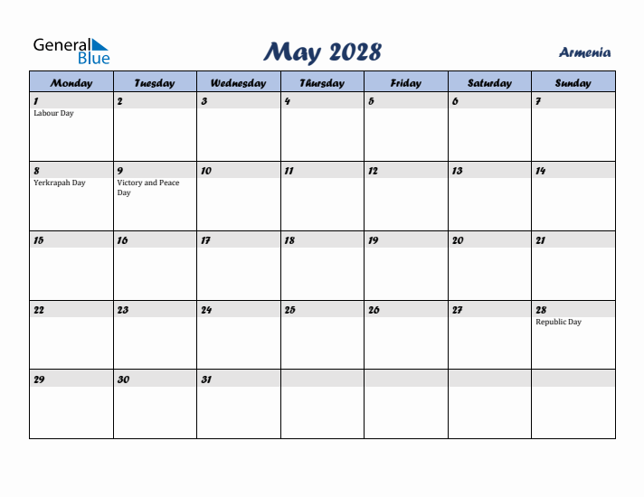 May 2028 Calendar with Holidays in Armenia