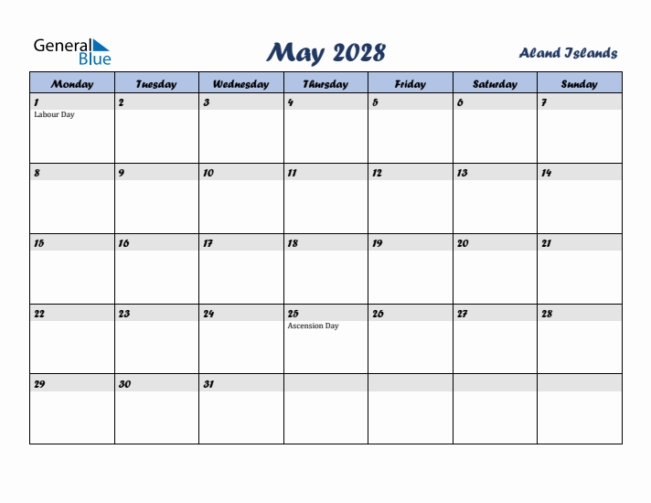May 2028 Calendar with Holidays in Aland Islands
