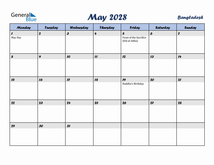 May 2028 Calendar with Holidays in Bangladesh