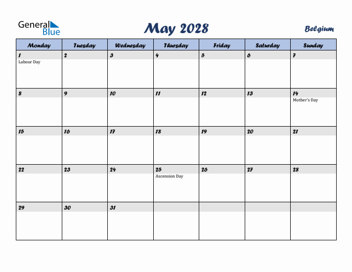 May 2028 Calendar with Holidays in Belgium