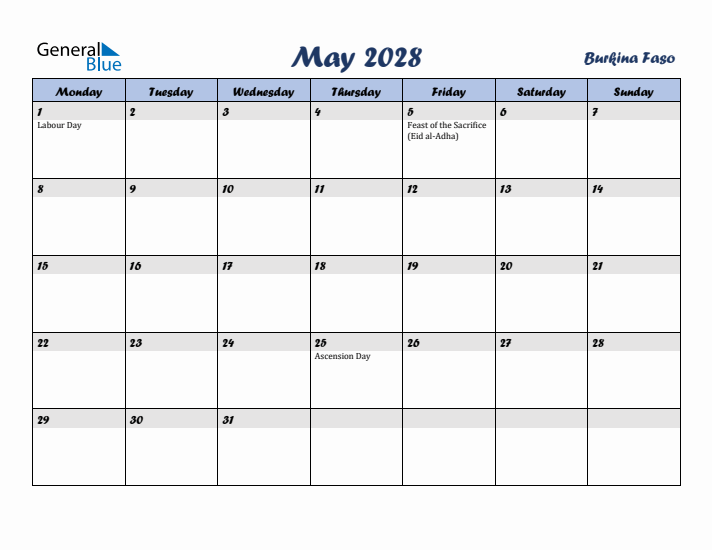 May 2028 Calendar with Holidays in Burkina Faso