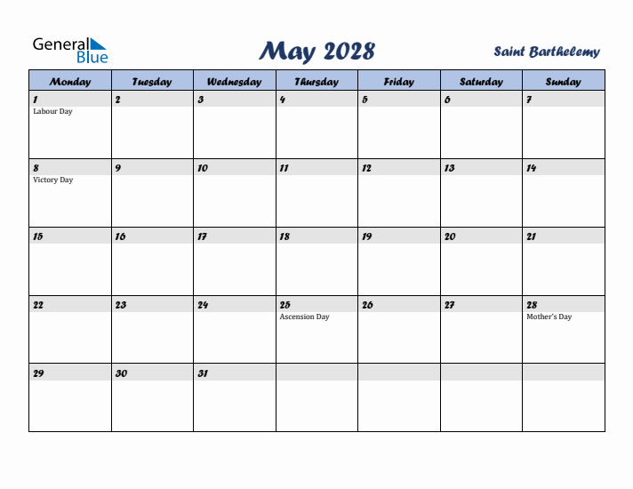 May 2028 Calendar with Holidays in Saint Barthelemy