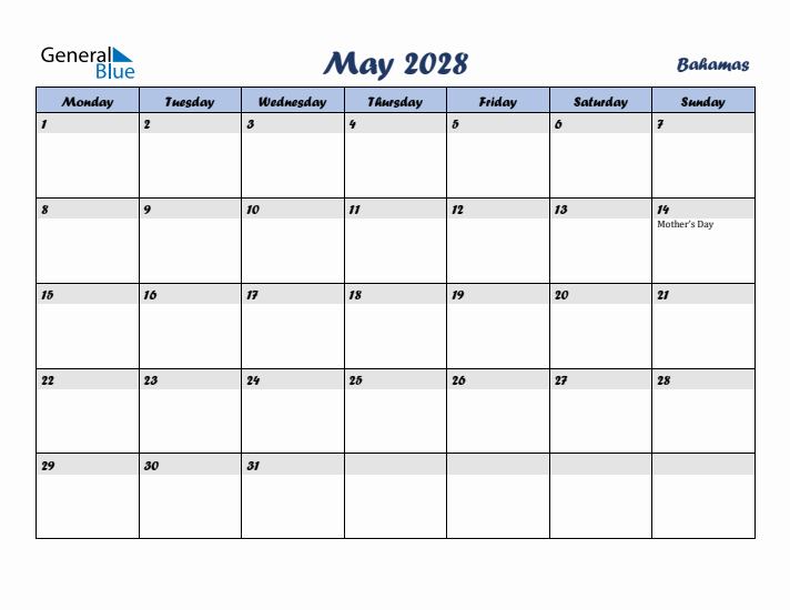May 2028 Calendar with Holidays in Bahamas