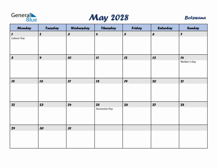 May 2028 Calendar with Holidays in Botswana