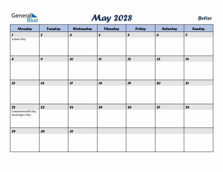 May 2028 Calendar with Holidays in Belize