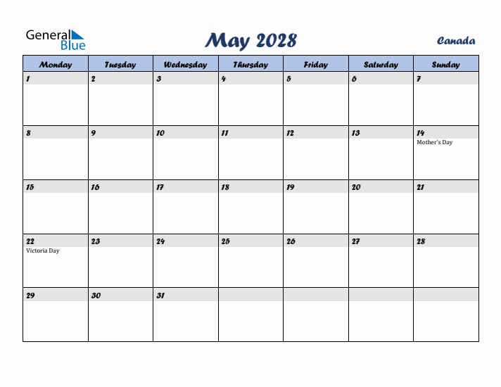 May 2028 Calendar with Holidays in Canada