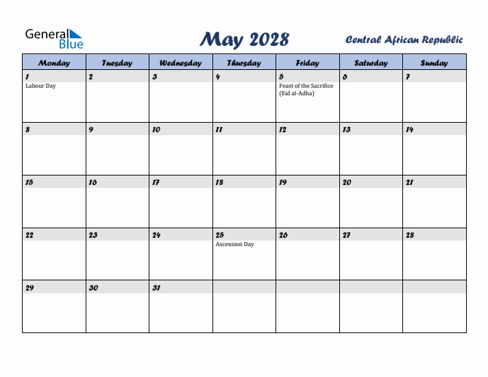 May 2028 Calendar with Holidays in Central African Republic