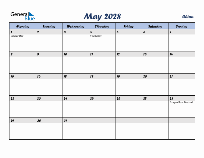 May 2028 Calendar with Holidays in China