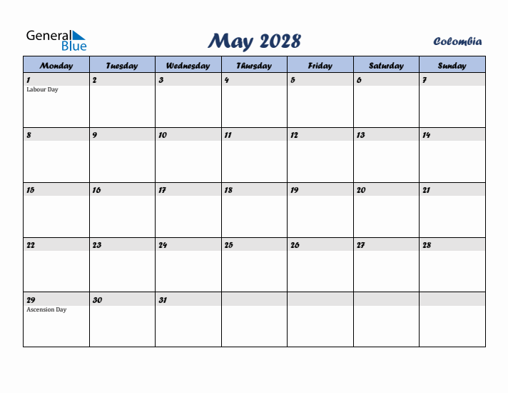 May 2028 Calendar with Holidays in Colombia