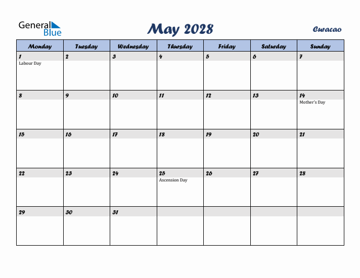 May 2028 Calendar with Holidays in Curacao