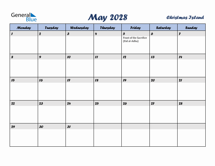 May 2028 Calendar with Holidays in Christmas Island