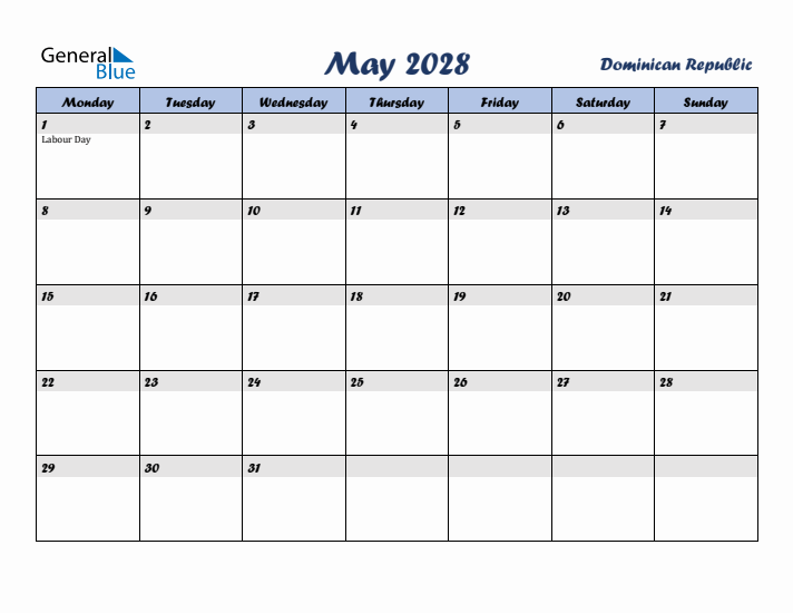 May 2028 Calendar with Holidays in Dominican Republic
