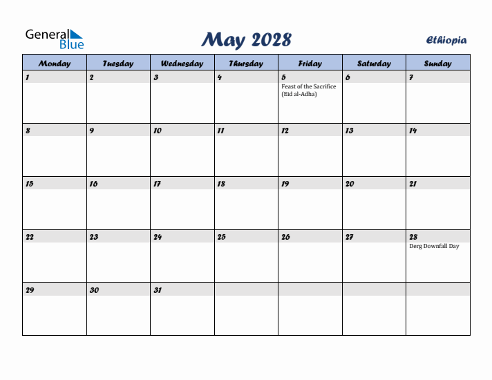 May 2028 Calendar with Holidays in Ethiopia