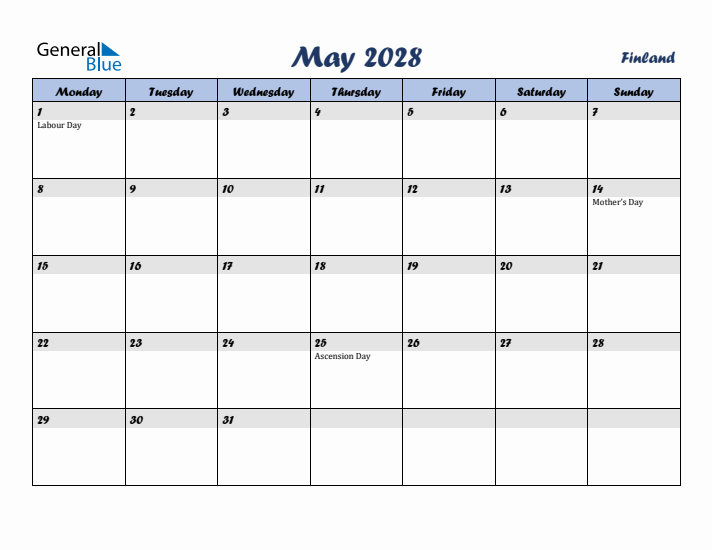 May 2028 Calendar with Holidays in Finland