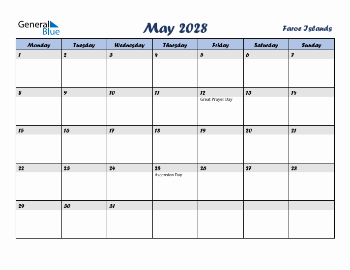 May 2028 Calendar with Holidays in Faroe Islands