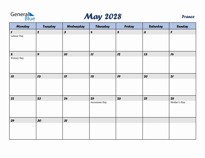 May 2028 Calendar with Holidays in France