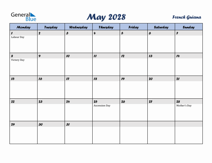 May 2028 Calendar with Holidays in French Guiana