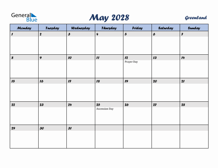 May 2028 Calendar with Holidays in Greenland