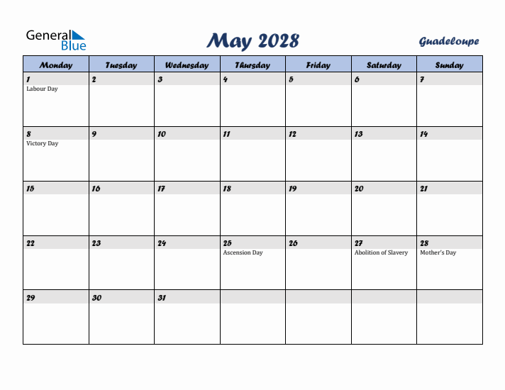 May 2028 Calendar with Holidays in Guadeloupe