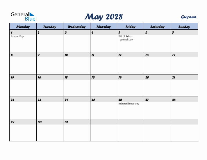 May 2028 Calendar with Holidays in Guyana