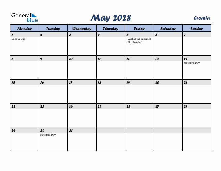 May 2028 Calendar with Holidays in Croatia