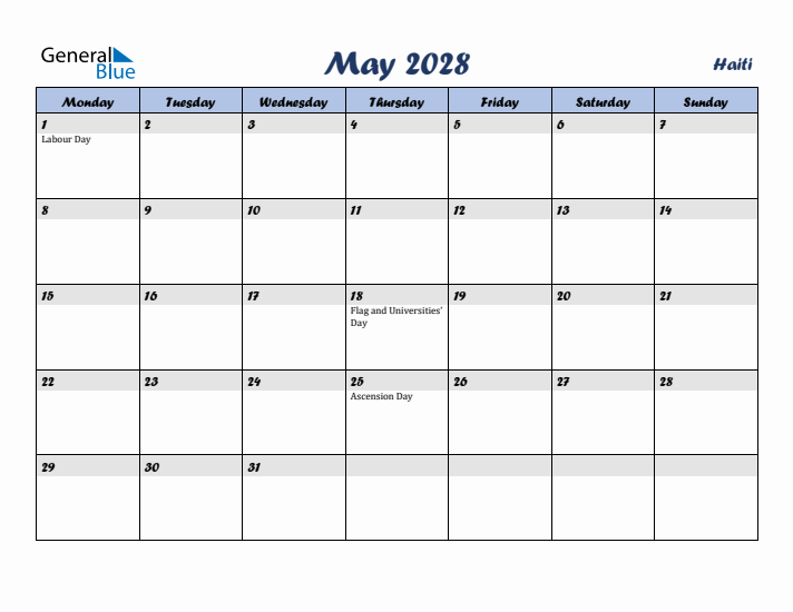 May 2028 Calendar with Holidays in Haiti