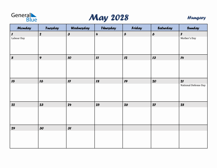 May 2028 Calendar with Holidays in Hungary