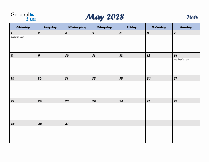 May 2028 Calendar with Holidays in Italy