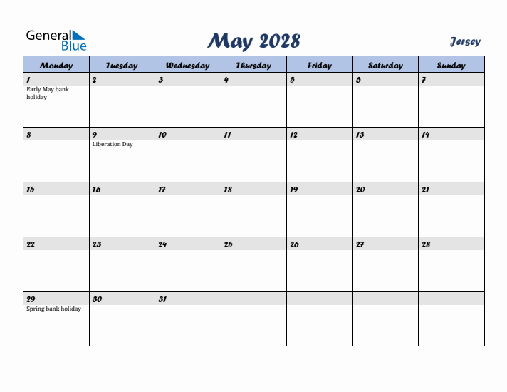 May 2028 Calendar with Holidays in Jersey