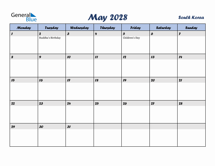May 2028 Calendar with Holidays in South Korea