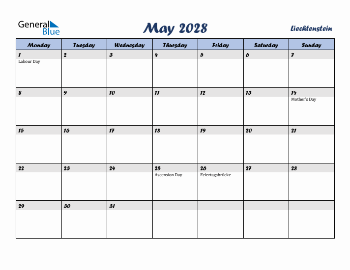 May 2028 Calendar with Holidays in Liechtenstein