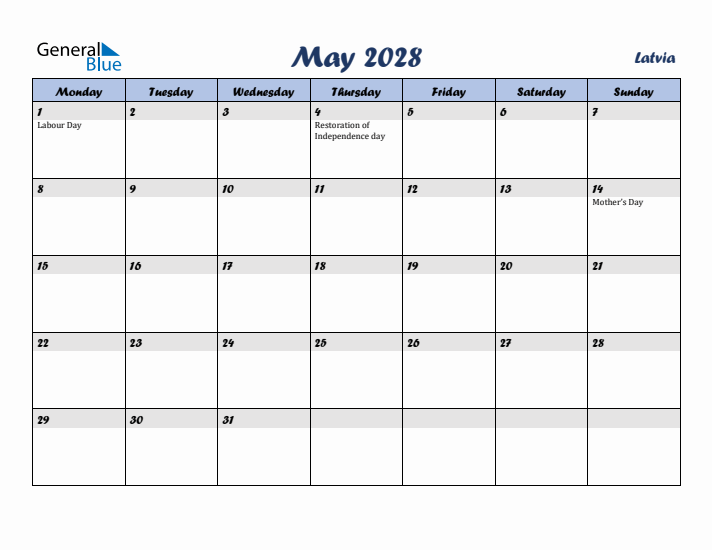 May 2028 Calendar with Holidays in Latvia