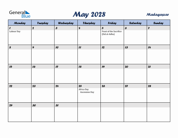 May 2028 Calendar with Holidays in Madagascar