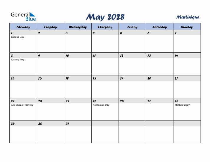 May 2028 Calendar with Holidays in Martinique