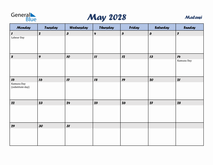 May 2028 Calendar with Holidays in Malawi