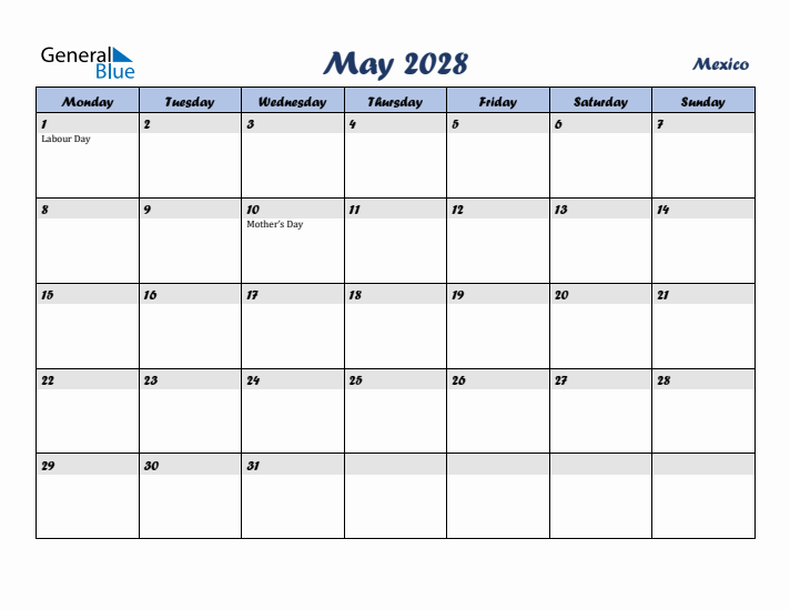 May 2028 Calendar with Holidays in Mexico