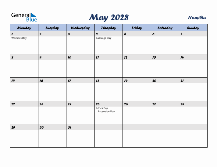 May 2028 Calendar with Holidays in Namibia