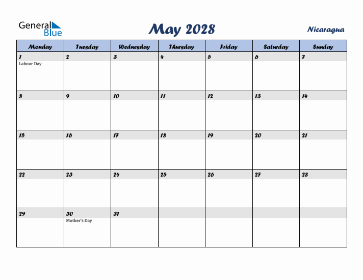 May 2028 Calendar with Holidays in Nicaragua