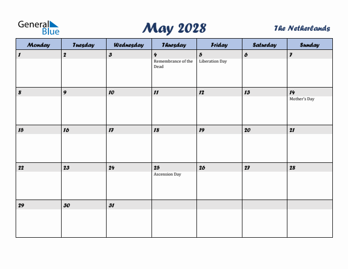 May 2028 Calendar with Holidays in The Netherlands